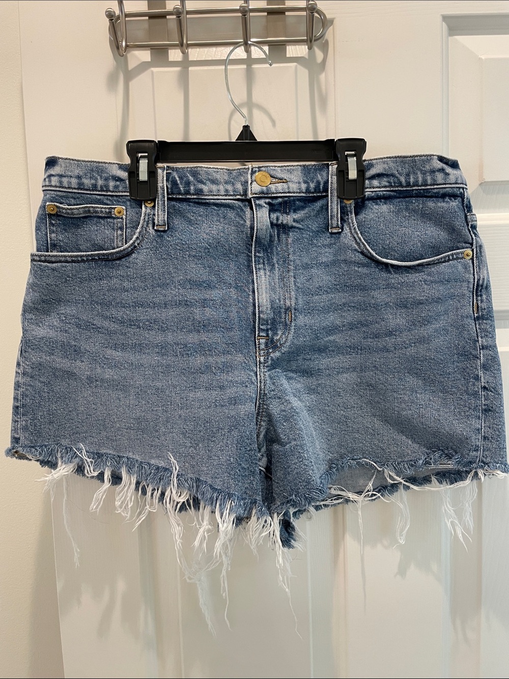 J. Crew Mid-Blue High Rise Frayed Hem Denim Shorts